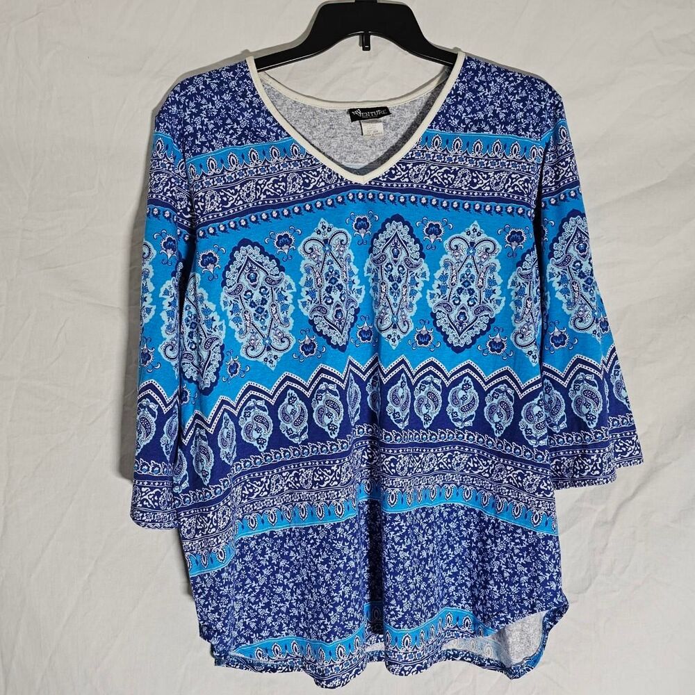Vintage 90s beachy boho blue patterned 3/4 sleeve blouse v neck blouse